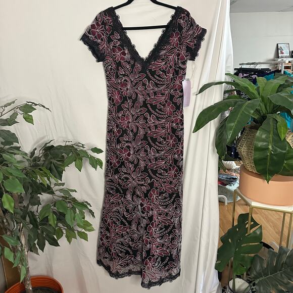 JS Collections Wine Embroidered V-Neck Floral Midi Dress Black Size 4 NWT - Picture 3 of 10